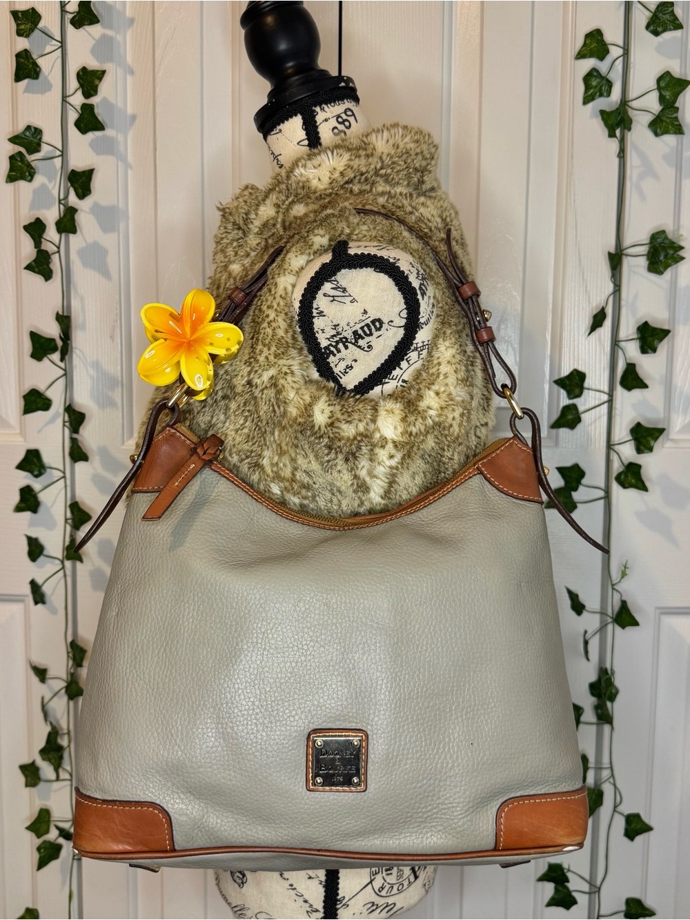Dooney & Bourke Pebble Leather Hobo Bag in Light Gray with Brown Trim